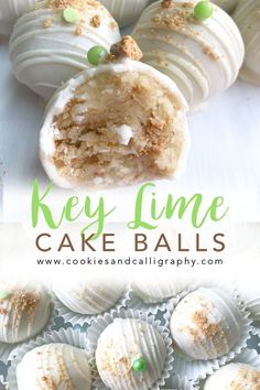 some white cake balls with green sprinkles on them and the title says key lime cake balls