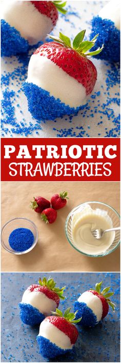 patriotic strawberries with blue and red sprinkles on them are ready to be eaten