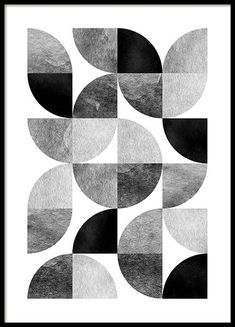 an abstract black and white painting with circles