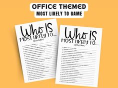 two game cards with the words,'office themed most likely to game who is most likely