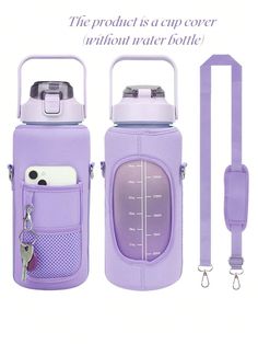 the purple water bottle has a strap around it and is attached to an ipod case