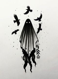 a drawing of a ghost surrounded by birds