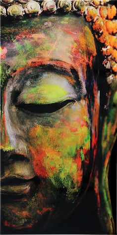 a painting of a buddha head with many colors