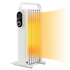 an electric heater is shown with yellow light coming out of it's side