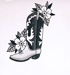 a drawing of a cowboy boot with flowers on the side and leaves on the inside