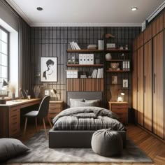 a bedroom with a bed, desk and bookshelf in the middle of it