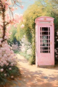 a painting of a pink phone booth in the middle of a path with trees and flowers