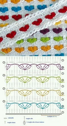 the crochet pattern is shown in different colors and sizes, including one with hearts on it