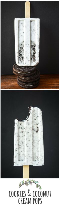 cookies and coconut ice cream pops are stacked on top of each other