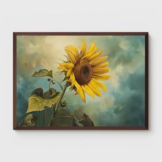 a painting of a yellow sunflower on a blue sky with clouds in the background