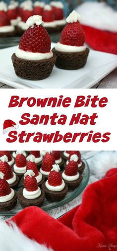 brownie bite santa hat strawberries on a plate