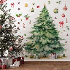 two christmas trees in front of a wall decorated with ornaments