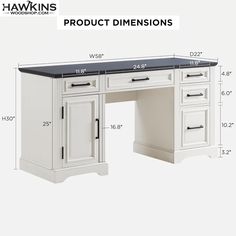 an image of a white desk with drawers and black counter top measurements for the table