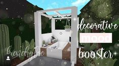 an artistic rendering of a bedroom with cactus in the background and text above it that reads decorative mood booster