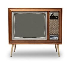 an old fashioned television set sitting on top of a wooden stand with wicker doors