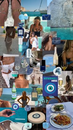 a collage of photos with people and drinks on the beach, including woman in bikinis