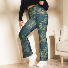 This lacy fern pattern looks ethereal against the silky navy blue of these boot cut yoga pants. These leggins will certainly keep you in a forest state of mind until you can get back to the woods. The inseam on these is in the mid range and they break nicely at the ankle. Inseam is 31.5" I usually wear 33" inseam and these still look great with a lower heel. Designed to enhance your figure, these trendy leggings feature a high waist and a butt-lifting cut. The flared leg bottoms add a touch of style and make the leggings comfortable. Wear them on a walk, to the gym, or style them up with a bomber jacket or hoodie. * 74% recycled polyester, 26% elastane * Fabric weight (may vary by 5 7.37 oz./yd.² (250 g/m²) * Soft and stretchy premium quality fabric with a mild compression feel * Moisture- Pants Aesthetic, Fern Pattern, Trendy Leggings, Womens Leggings, Pants Boot, Flare Leggings, Outfits With Leggings, Moisture Wicking Fabric, Low Heels