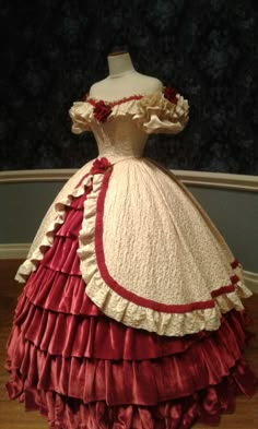 This is the Rose dress that my friend and I saw at a civil war museum Princess Dresses Victorian, Red And White Victorian Dress, Rose Fantasy Dress, Red Rococo Dress, 1800’s Dress, Georgian Era Dress, Victoria Era Dress, Olden Day Dresses, Fancy Victorian Dress