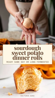 a person holding a doughnut in front of a sign that says sourdough sweet potato dinner rolls ready same day or long fermed