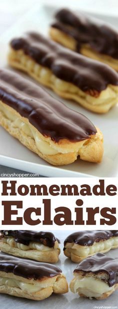 homemade eclairs with chocolate icing on top