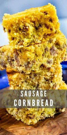 sausage cornbread is stacked on top of each other with the words sausage cornbread below it