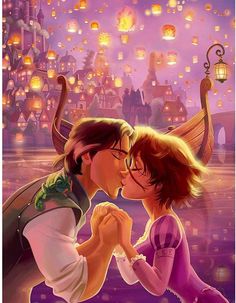 the princess and the frog are kissing in front of an image of tangled with lanterns