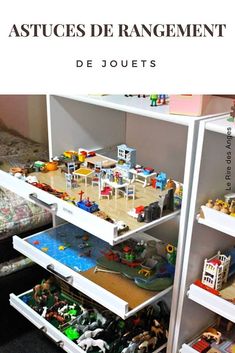 the shelves are filled with toys and other things to play with in their bedroom area