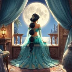 a woman sitting in front of a window looking out at the moon