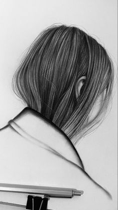 a pencil drawing of a woman's back with her hair pulled up and holding a pair of scissors