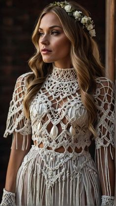 a woman with long hair wearing a white crochet dress and flower headpiece