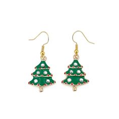 "Celebrate the holidays in these special Christmas tree dangle earrings. Lovely Christmas charm earrings feature detailed enamel green and red Christmas tree charms with sparkling crystals in gold plated brass finish. Lightweight and comfortable, the Christmas tree charms are single sided and these festive earrings can be worn all day with brass earring hooks for a secure fit.  Measurements(approx, see 3rd photo) Length:1.75\" Drop Length:1\" Charms: 2.6 x 1.8cm/ 1 x 0.7 inch (LxW) You may also like these enamel green Christmas tree pendant https://www.etsy.com/listing/1603702481"