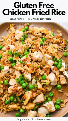 chicken fried rice with peas on a plate and text overlay that reads gluten free chicken fried rice