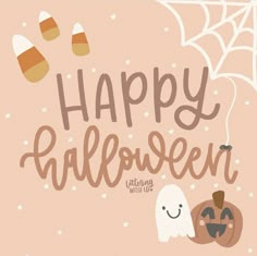 a happy halloween card with ghost, pumpkins and spiderwetches on it