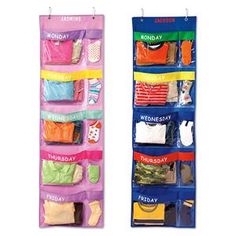 two hanging closets with clothes and other items on them, one is blue and the other is pink