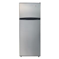 a silver refrigerator freezer sitting on top of a white wall