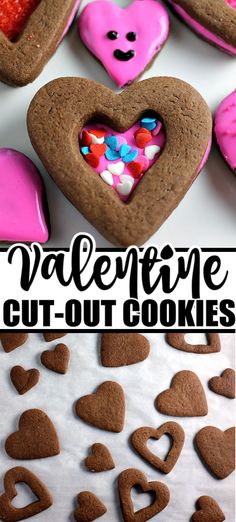 valentine's cut out cookies with hearts on top and the title overlay reads, valentine cut out cookies