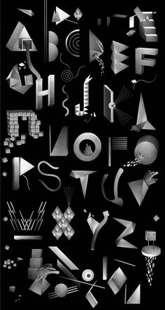 a black and white poster with different types of objects in the shape of letters on it