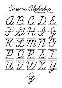 the cursive alphabet is shown in black and white