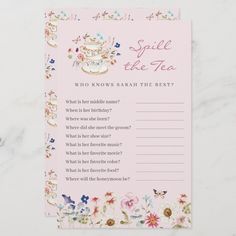 a card with the words smile to the tea on it and flowers in pinks