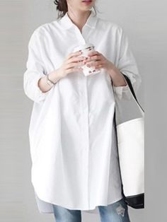 Sku CY-!95331 Material Polyester , 70%Cotton Style Loose , Long Sleeves Feature Split-joint Neckline Lapel Occasion Going out , Urban , Simple Seasons Spring , Autumn Type Blousesshirts Tops Color BLACK WHITE,WHITE Size S,M,L,XL,2XL Please consult the size chart we provide for this item's measurements to help you decide which size to buy.Please note: There may be 1-3cm differ due to manual measurement. CMINCH Bust Shoulder Sleeve Length S 110 56 47 86-92 M 114 57 48 86-92 L 118 58 49 86-92 XL 12 Long White Shirt, Honda Stream, Baggy Shirt, Loose Tunic, Tunic Tops Casual, Tunic Length, Long Shirt, Color Stripes, Blouse Styles