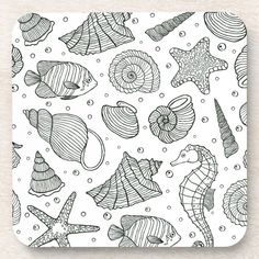 sea shells and starfishs in black and white coloring pages stock photo - image