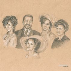 a pencil drawing of four people in hats