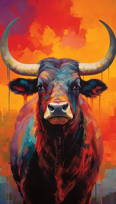 a painting of a bull with long horns standing in front of an orange and pink sky