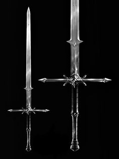 two swords are standing side by side on a black background