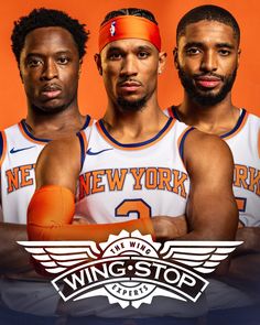 three basketball players standing next to each other in front of an orange background with the words new york