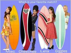 three girls are standing next to surfboards with the caption which is your favorite match?