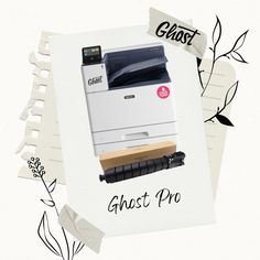 a white and black printer sitting on top of a cardboard box with the words ghost pro above it