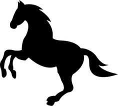 a black and white silhouette of a horse on its hind legs, with the tail flapping