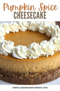 pumpkin spice cheesecake on a white plate with the words pumpkin spice cheesecake above it