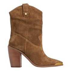 Vince Camuto® Abel Western Suede Bootie Take your western-inspired style to new heights with the Abel boot. With intricate stitching and a goldtone hardware accent at the snipped toe, this cowboy-inspired pair effortlessly upgrades your jeans or dresses with modern appeal. Chic Leather Boots For Western-themed Events, Suede Heeled Boots For Fall And Western-themed Events, Chic Leather Boots For Ranch, Suede Heeled Boots For Western-themed Fall Events, Chic Leather Ranch Boots, Western Style Mid-calf Boots With Reinforced Heel For Workwear, Western Heeled Boots With Heel Pull Tab For Fall, Gold Heeled Boots With Reinforced Heel For Fall, Gold Western Boots For Winter